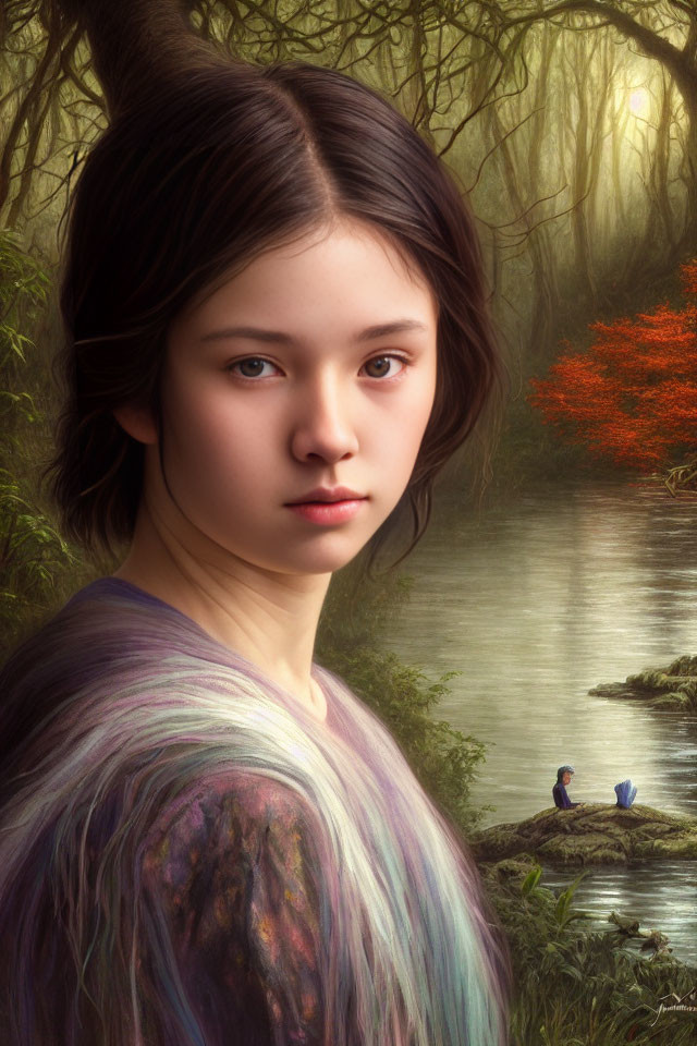 Young woman by forest river with duck: serene portrait.