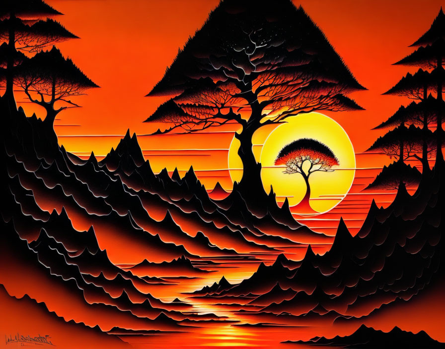 Orange and Black Silhouette Landscape with Waves, Pine Trees, and Radiant Sun