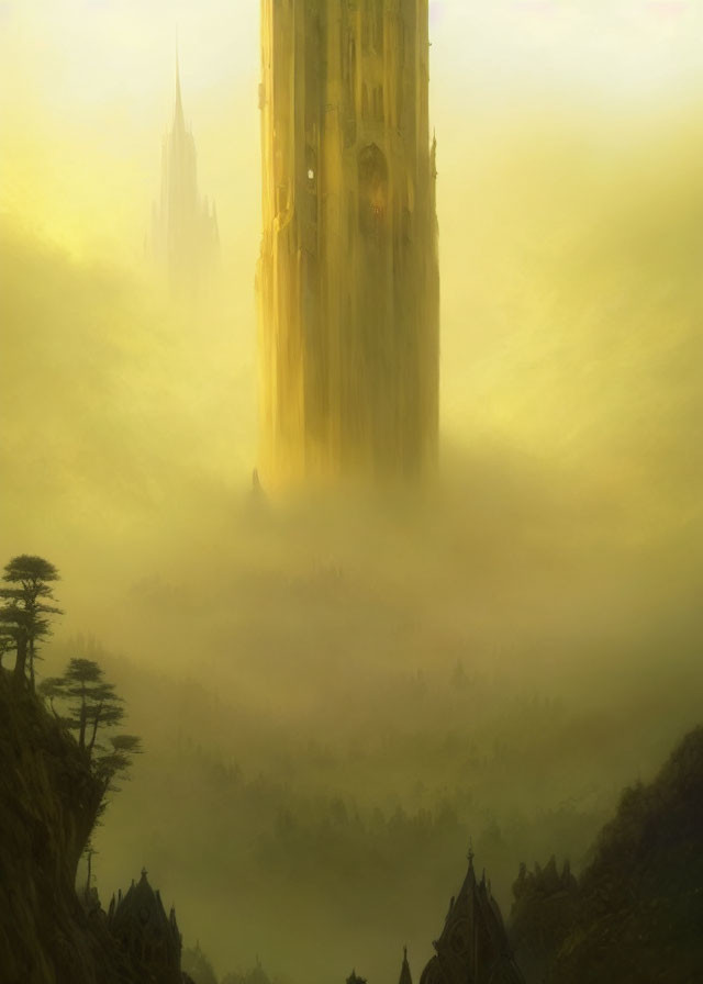 Golden-hued castle in misty forest landscape