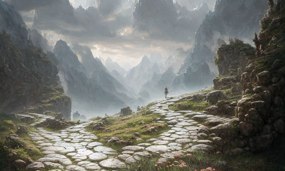 Lone traveler on stone path in misty mountain landscape