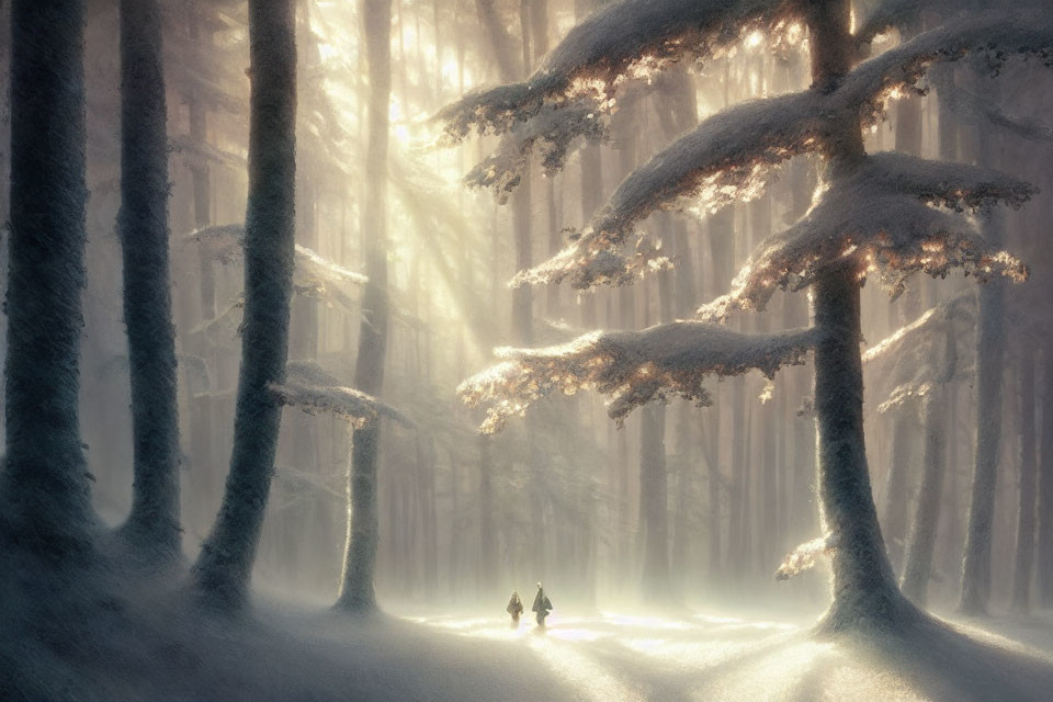 Snowy forest scene: Two figures walking on path under sunbeams