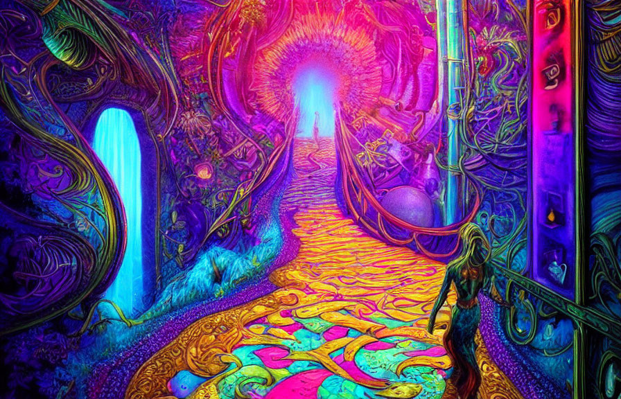 Colorful Psychedelic Pathway with Figure and Portal