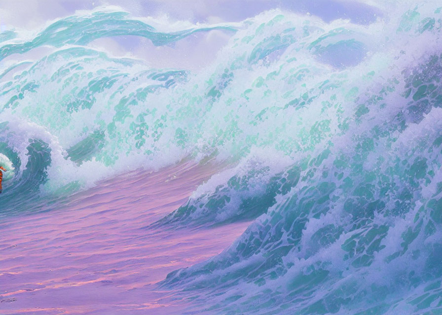 Colorful digital artwork: Teal, white, and purple ocean waves