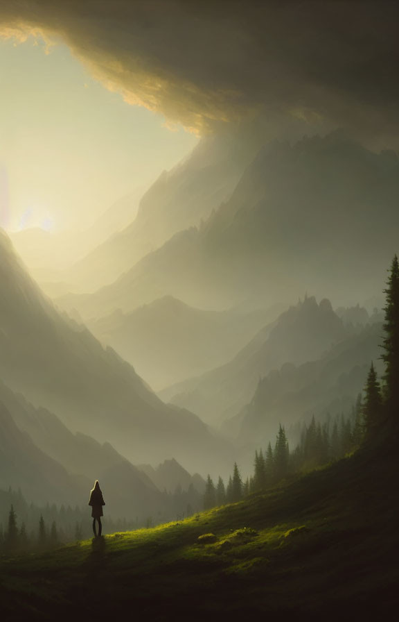 Solitary figure in misty mountain landscape at sunrise or sunset