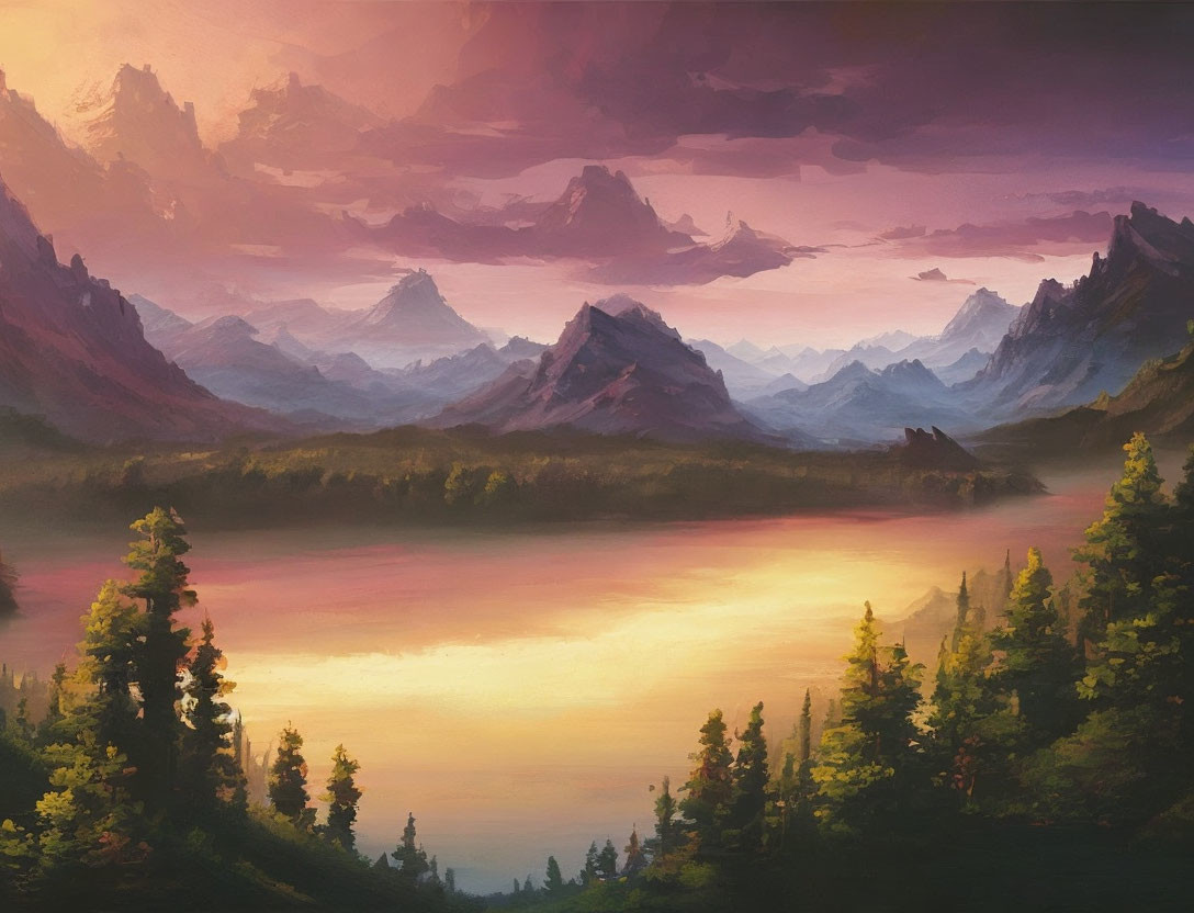 Tranquil landscape painting of sunrise or sunset over lake