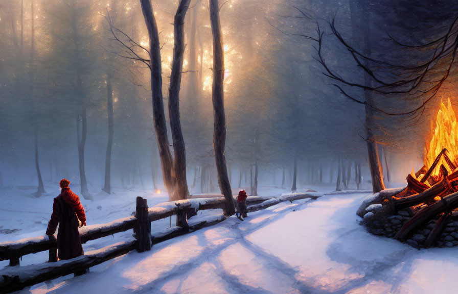 Snowy forest scene at dusk with bonfire, person by fence