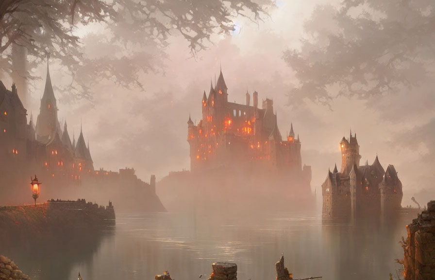 Mystical castle in foggy landscape with glowing windows