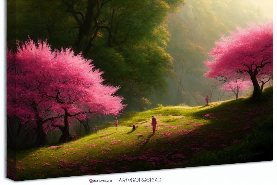 Digital Art: Pink Cherry Blossom Trees in Fantastical Forest