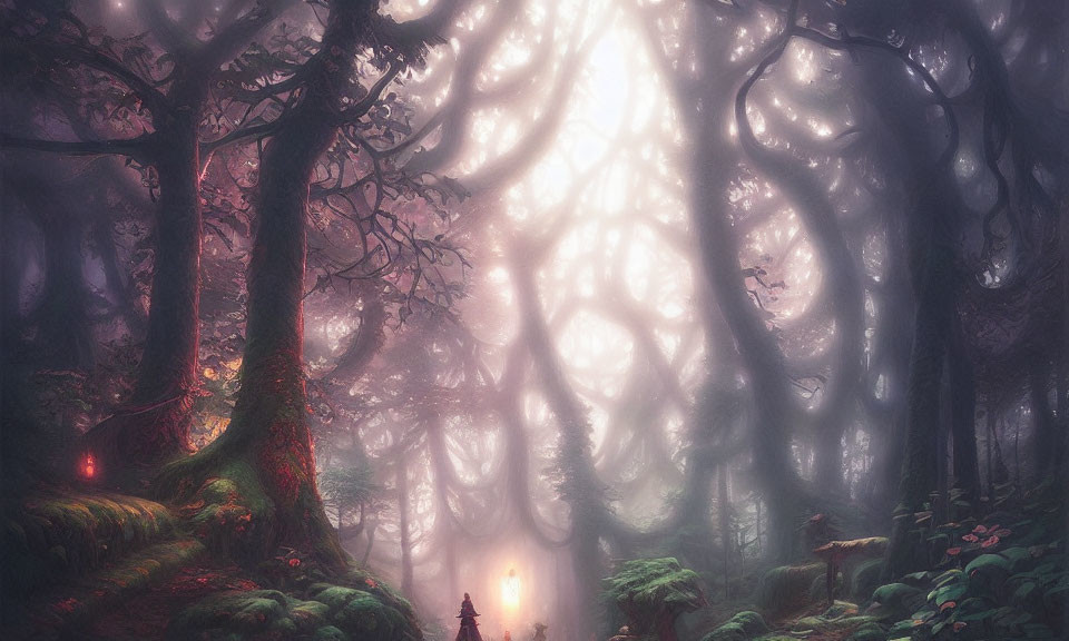 Enchanting forest scene with figure, lantern, and glowing orbs