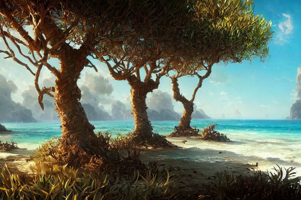 Tranquil beach scene with gnarled trees and turquoise waters