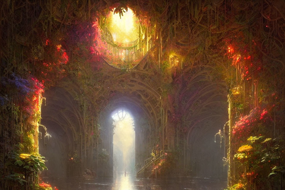 Sunlit hallway with overgrown flora and intricate arches in mystical setting