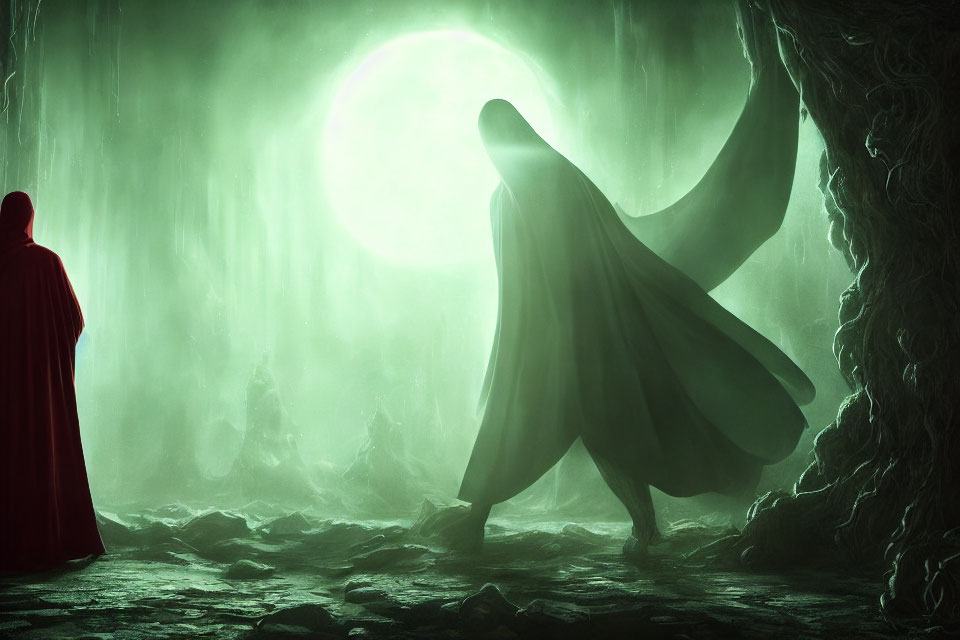 Cloaked figure in cavernous landscape under green moon