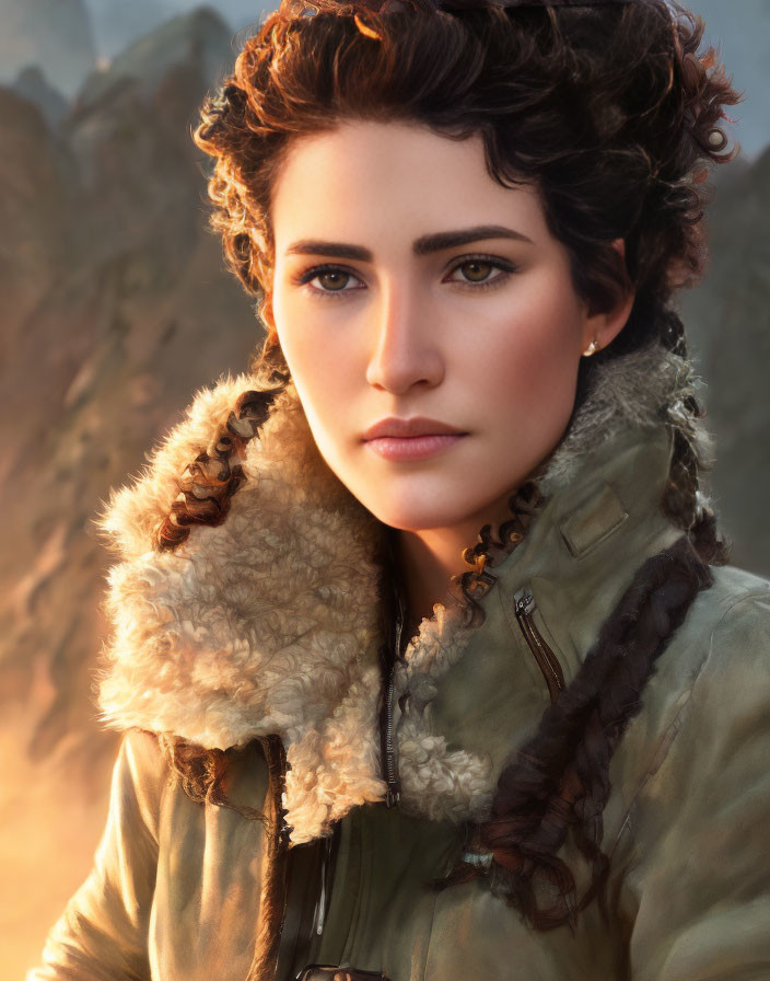 Dark-haired woman in fur-lined coat with intense gaze against mountain backdrop