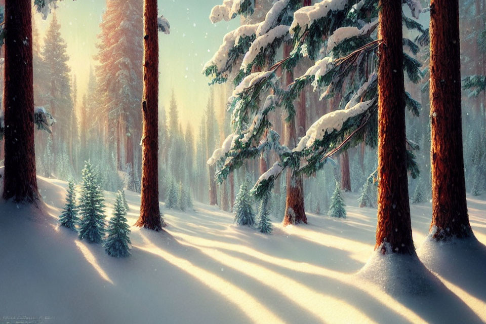 Snow-covered winter forest with sunlight and long shadows