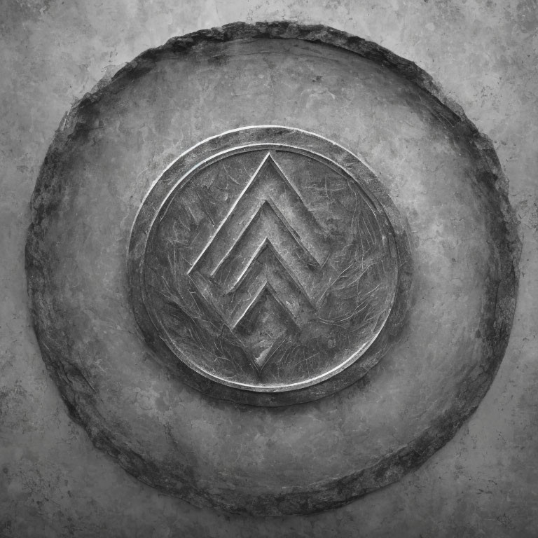 Circular Metal Emblem with Double Zigzag Pattern on Grungy Stone Background