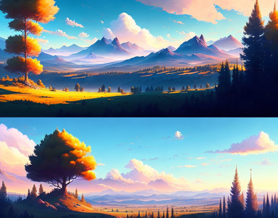 Vibrant autumn landscape with mountains and day-to-night transition.