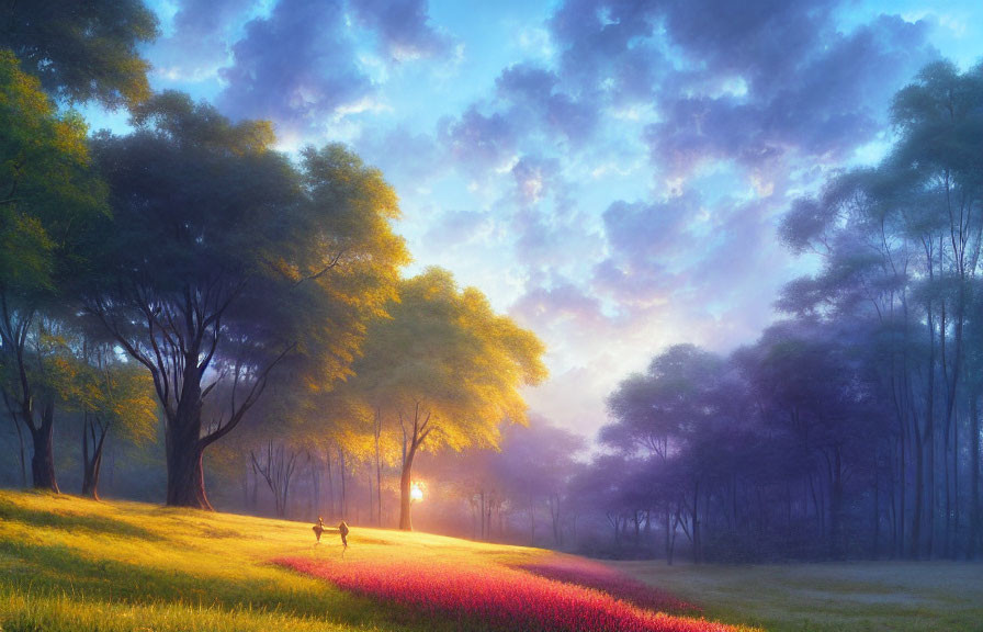 Tranquil landscape with dog on flower-lined path at sunrise