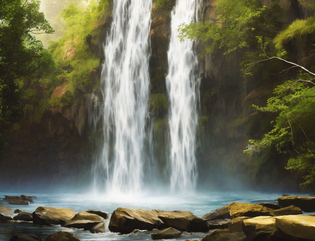 Tranquil waterfall scene with lush greenery and rocks