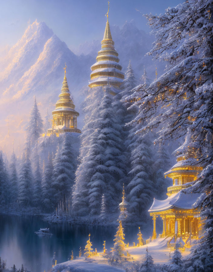 Winter mountain landscape with snow-covered trees and illuminated pagodas