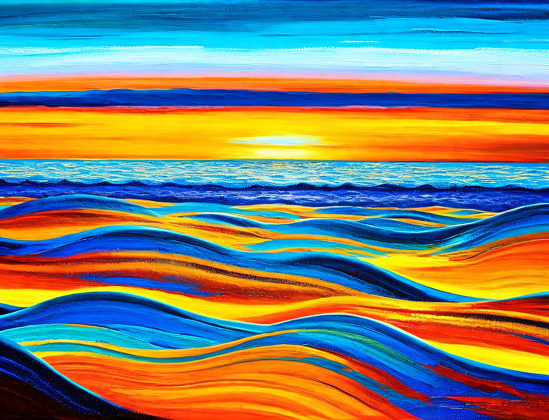 Colorful Abstract Seascape Painting with Sunset and Waves