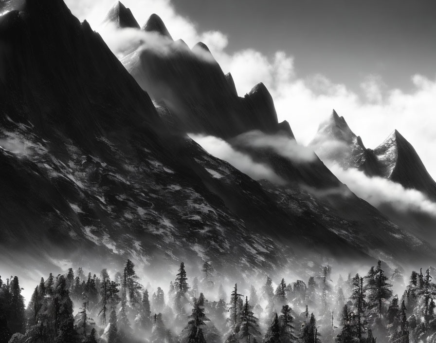 Black and white photo of misty mountain range and dense forest