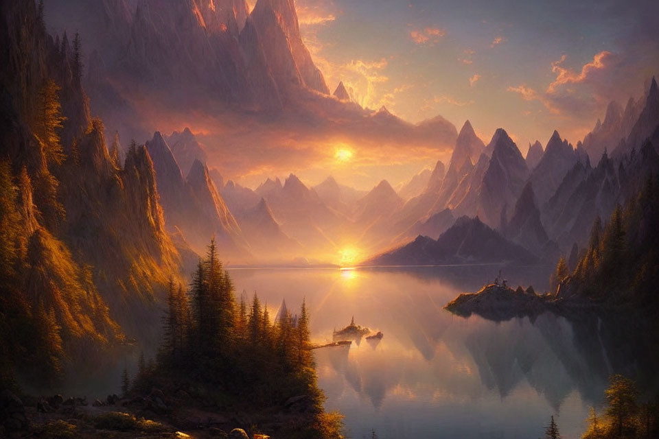 Tranquil sunrise over mountain lake with lush foliage