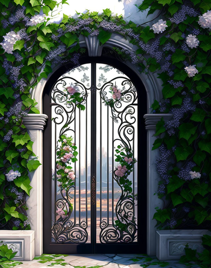 Black wrought-iron gate with floral motifs and stone archway in lush garden.