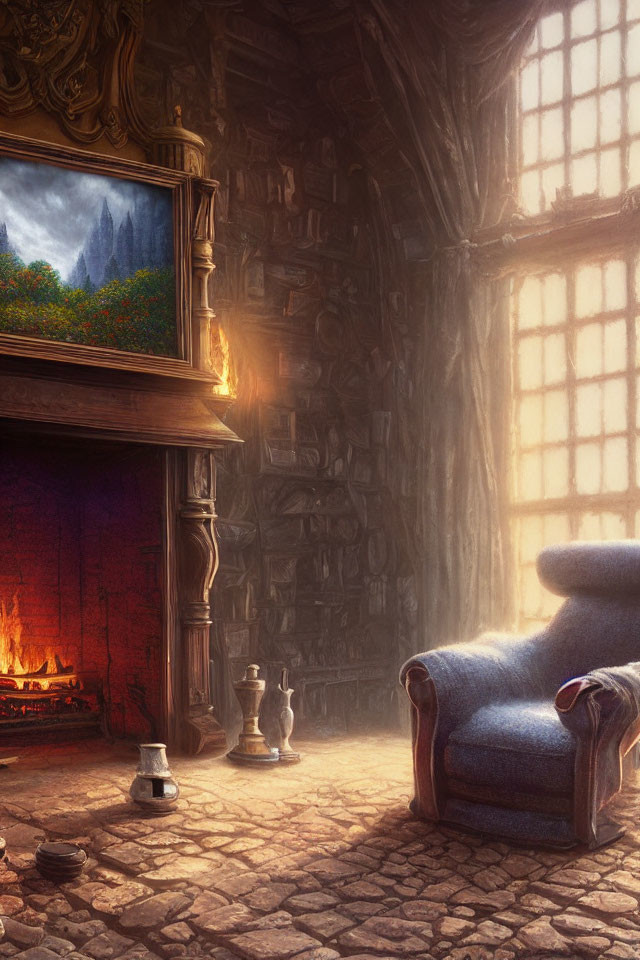 Inviting Study with Fireplace, Armchair, Sunlight, Books, and Painting