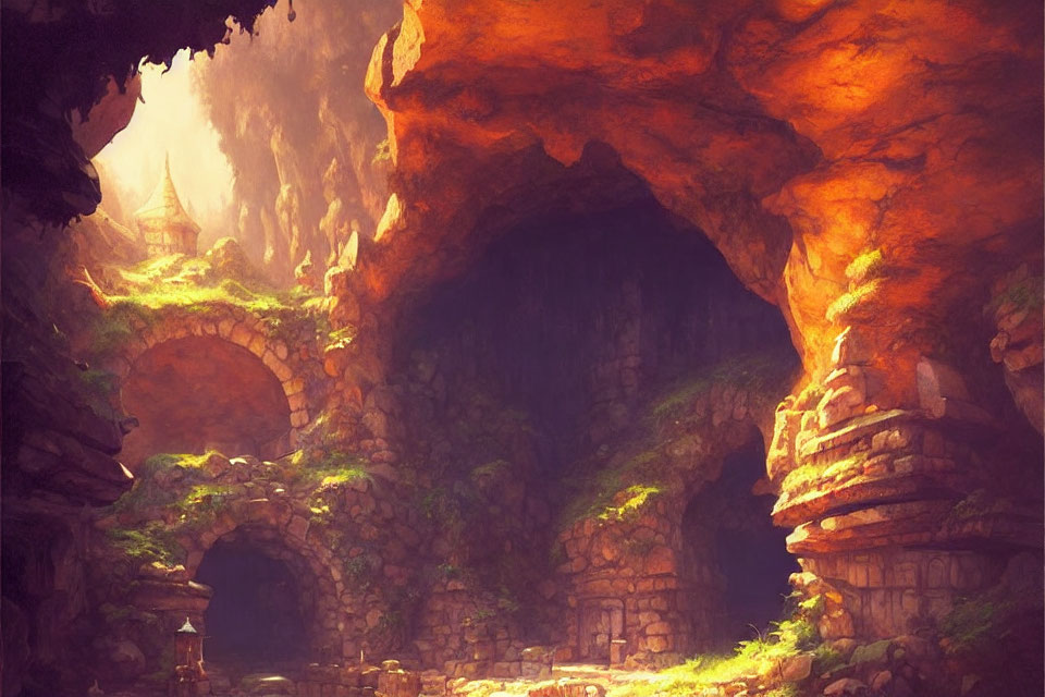 Mystical cavern with ancient stone structures and lush greenery