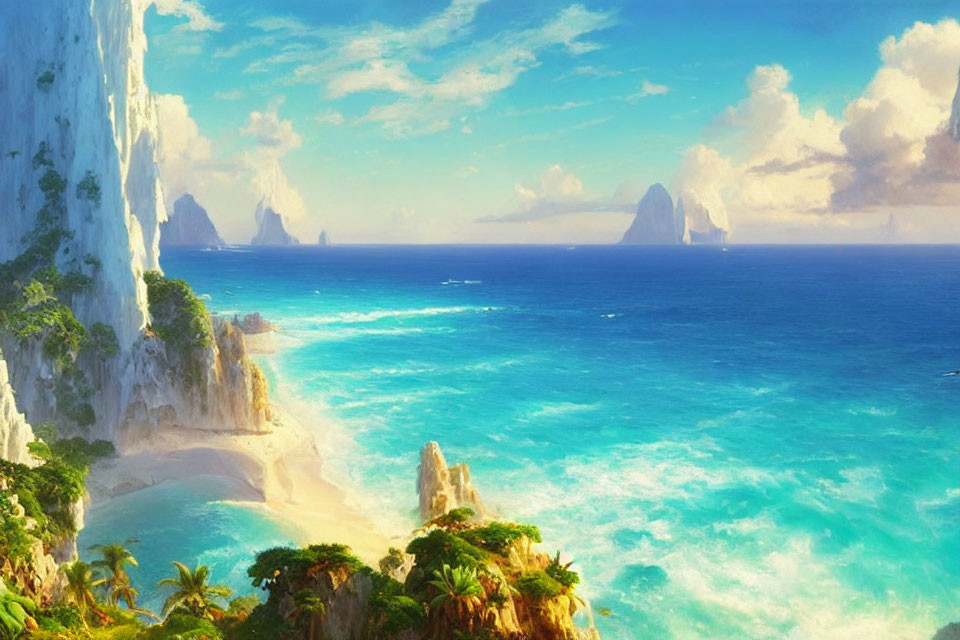 Tropical seascape with towering cliffs and lush greenery