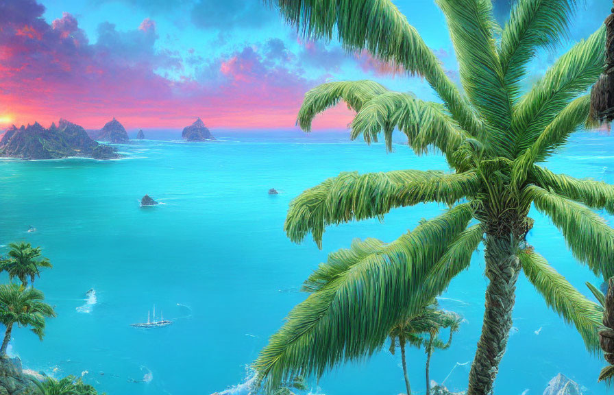 Tropical landscape with palm trees, turquoise ocean, and colorful sunset sky