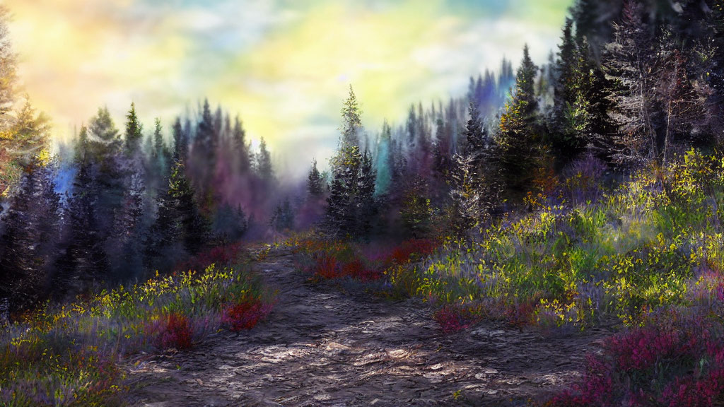 Forest Landscape with Dirt Path and Wildflowers at Dawn/Dusk