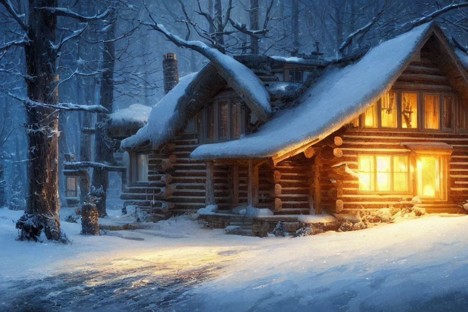 Snow-covered forest cabin with glowing windows at dusk