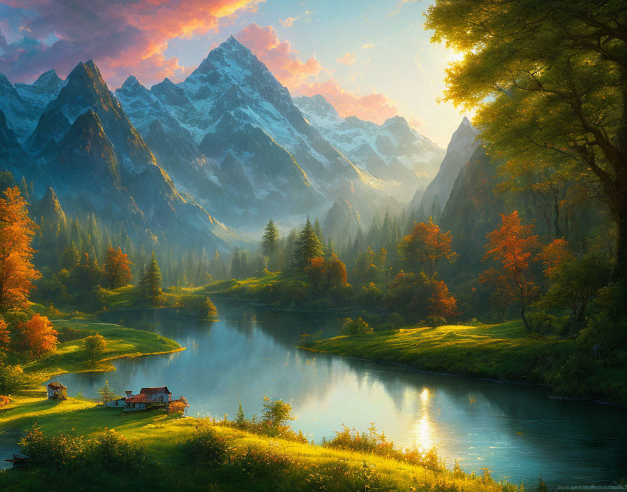 River, Cottage, Autumn Trees, Snow-Capped Mountains, Sunrise Landscape