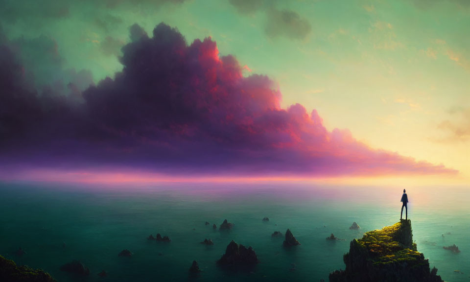 Cliffside view of sea with scattered islets under dramatic dusk sky