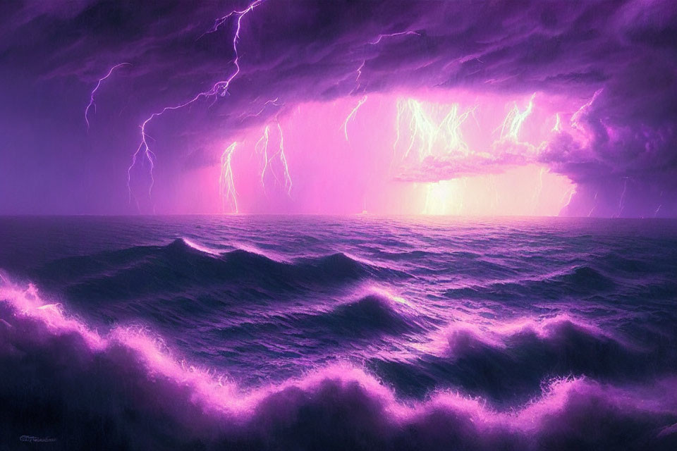 Dramatic ocean scene with purple clouds and lightning bolts