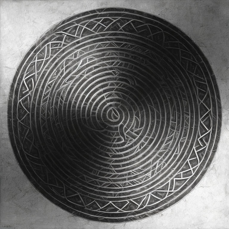 Monochromatic circular maze pattern with geometric designs on textured surface