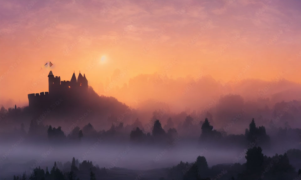 Misty sunrise landscape with castle silhouette and forest under orange and purple sky