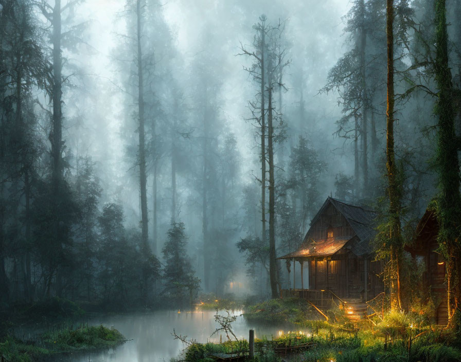 Misty forest with tall trees, cozy cabin, and tranquil pond