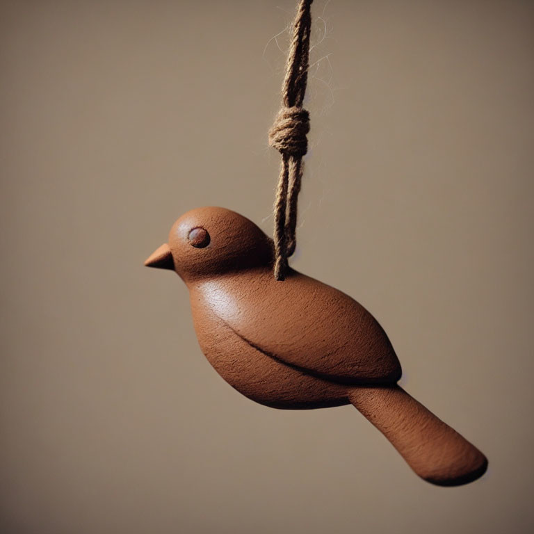 Wooden bird figure hanging on twine against neutral background