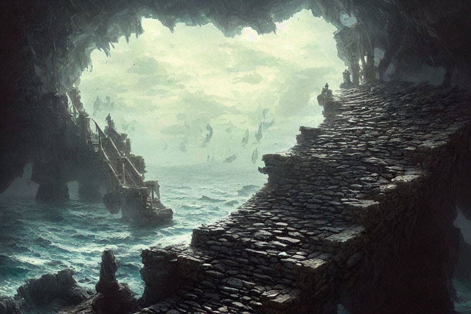 Ancient stone staircase leading to subterranean cavern with tranquil sea and ships.