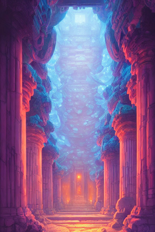 Mystical Ancient Hallway with Glowing Pillars and Golden Doorway