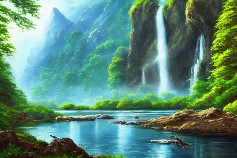 Tranquil landscape with lush green forest, waterfalls, river, and foliage