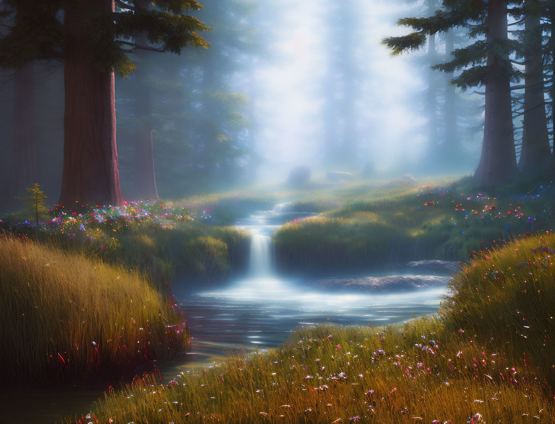 Misty forest with serene waterfall and wildflowers