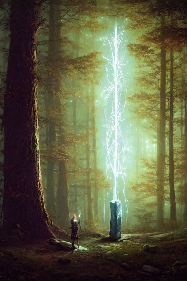 Person in mystical forest observing stone emitting bright energy amidst foggy trees