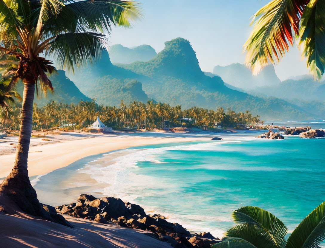 Tropical Beach Scene with Palm Trees, White Sand, Turquoise Waters, and Mountainous Backdrop