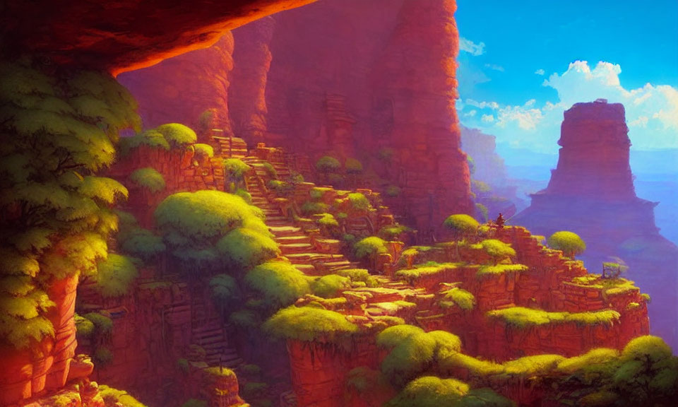 Lush canyon with terraced greenery and red rock formations in golden light