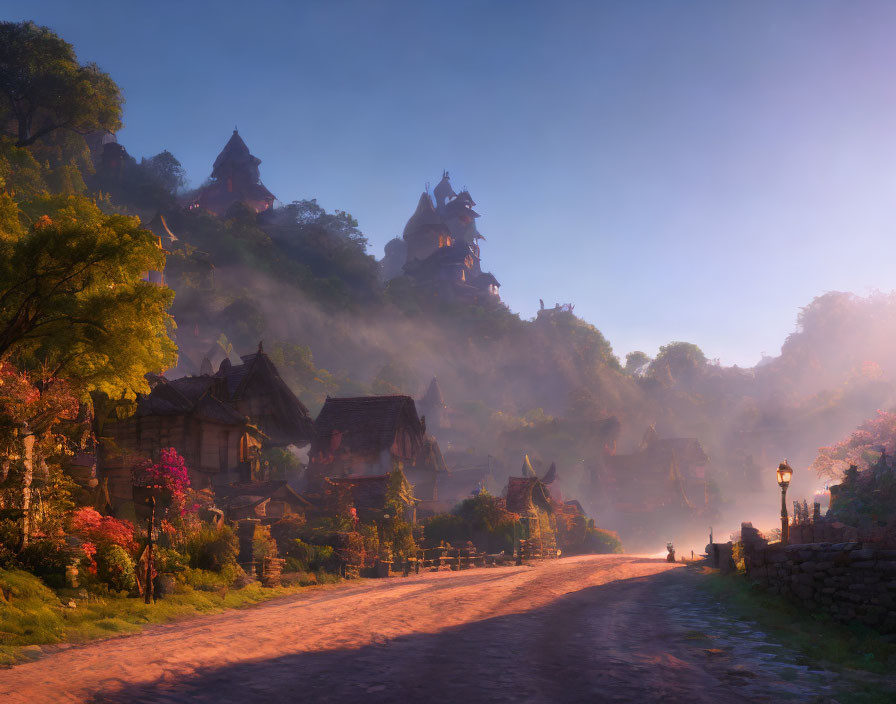 Tranquil village at sunrise with cobblestone pathways and magical backdrop