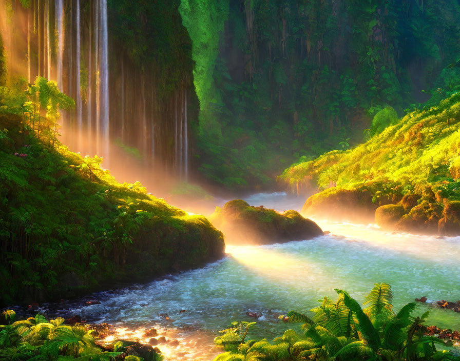 Sunlit ethereal waterfall cascading into tranquil river amidst lush green foliage and ferns.