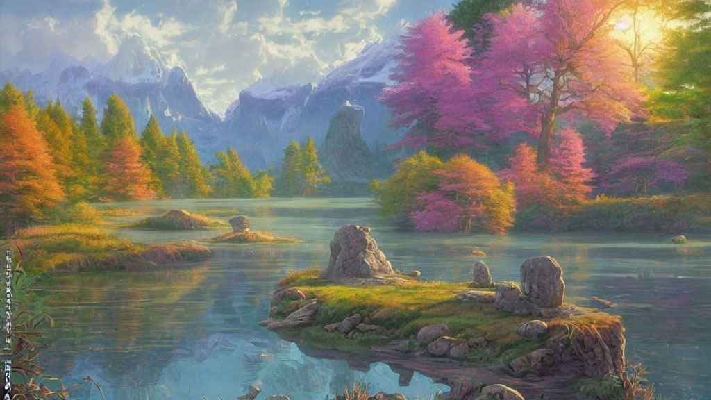 Tranquil River, Vibrant Forest, Mountain Backdrop at Sunrise or Sunset